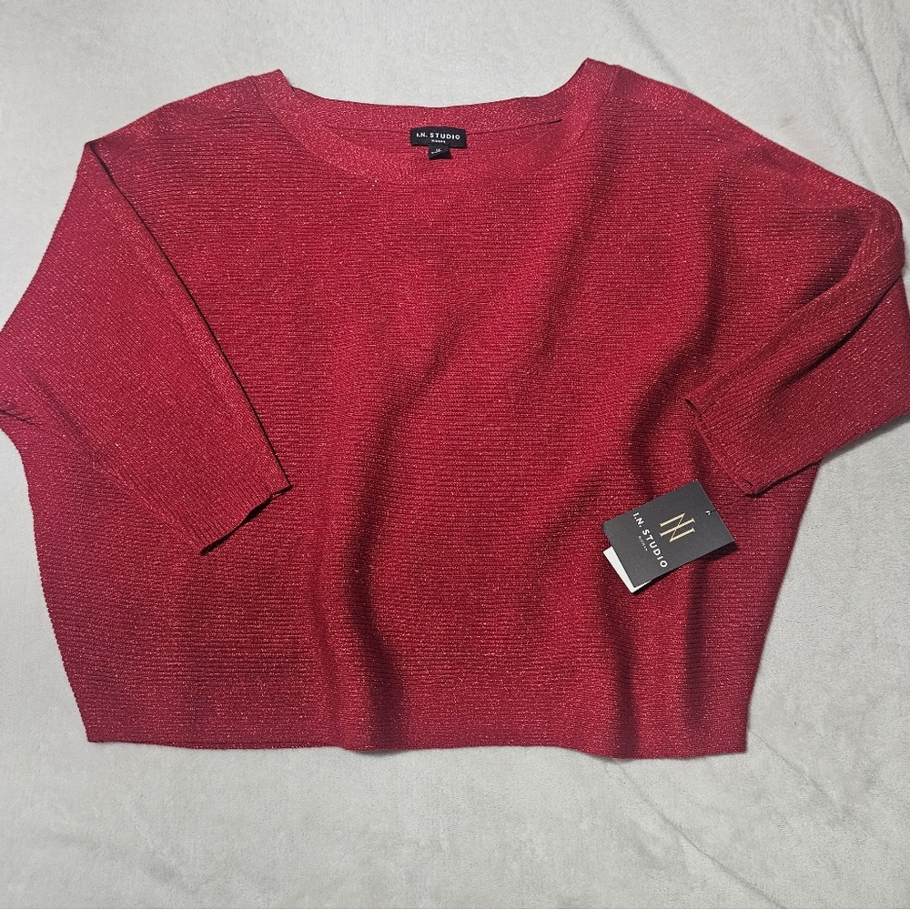 I.N. Studio Red Sparkle Boatneck 3/4 ‎ Sleeve Plus Size Top